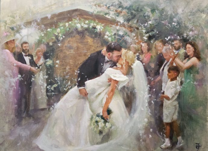 Couple Celebrating with Confetti Couple kissing under confetti at wedding ceremony - live wedding painting inspiration